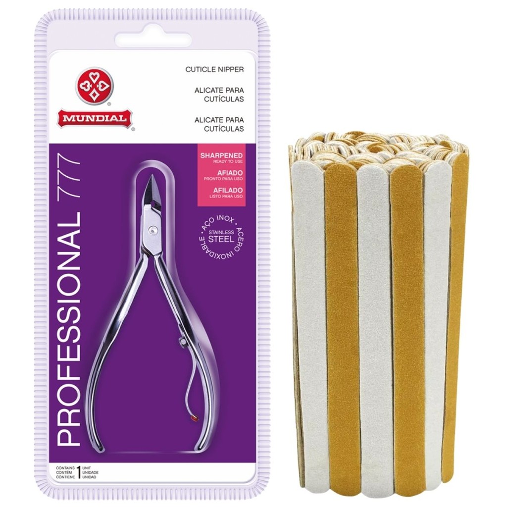 Kit Alicate De Cutícula 777 Mundial e 100 Mini Lixa Parda para Unhas