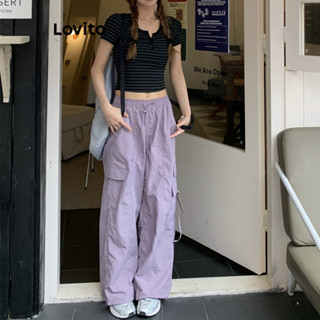 Lovito Calças Casuais com Bolsos e Cordão para Mulheres LNA17228 (Roxo)