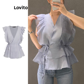Lovito Blusa Casual Lisa Com Babados De Camada Dupla Para Mulheres L77ED488