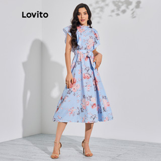Lovito Vestido com Cinto e Babado com Estampa Floral Boho para Mulheres LBL08131