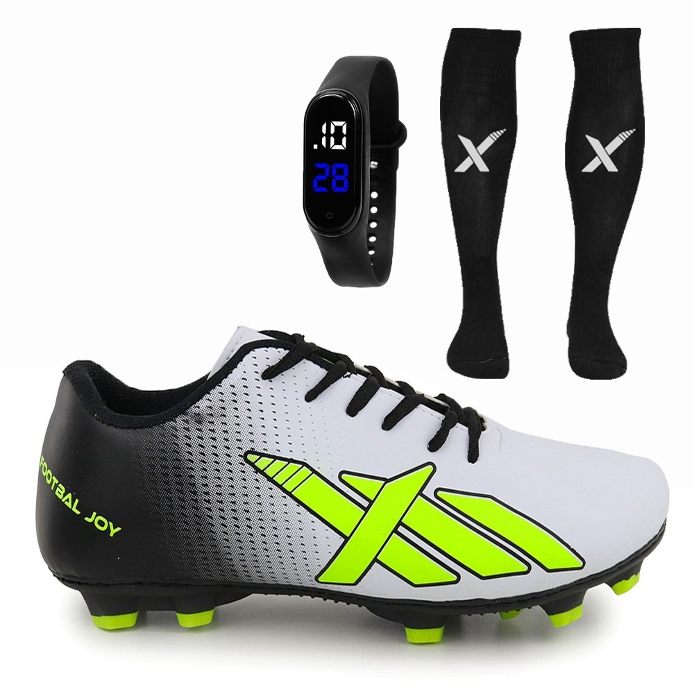 Kit Chuteira de Futebol Sola Campo Pião Trava Sola Costurada + Meião + Relógio