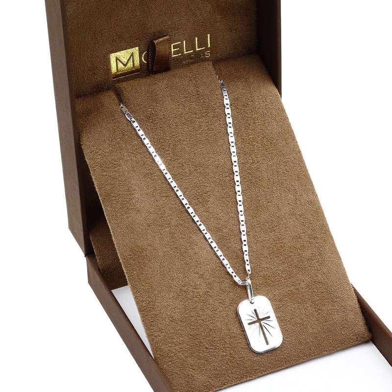 Corrente cordão de prata 925 Masculino Piastrine 70cm pingente placa cruz vazada - Fashion Accessories
