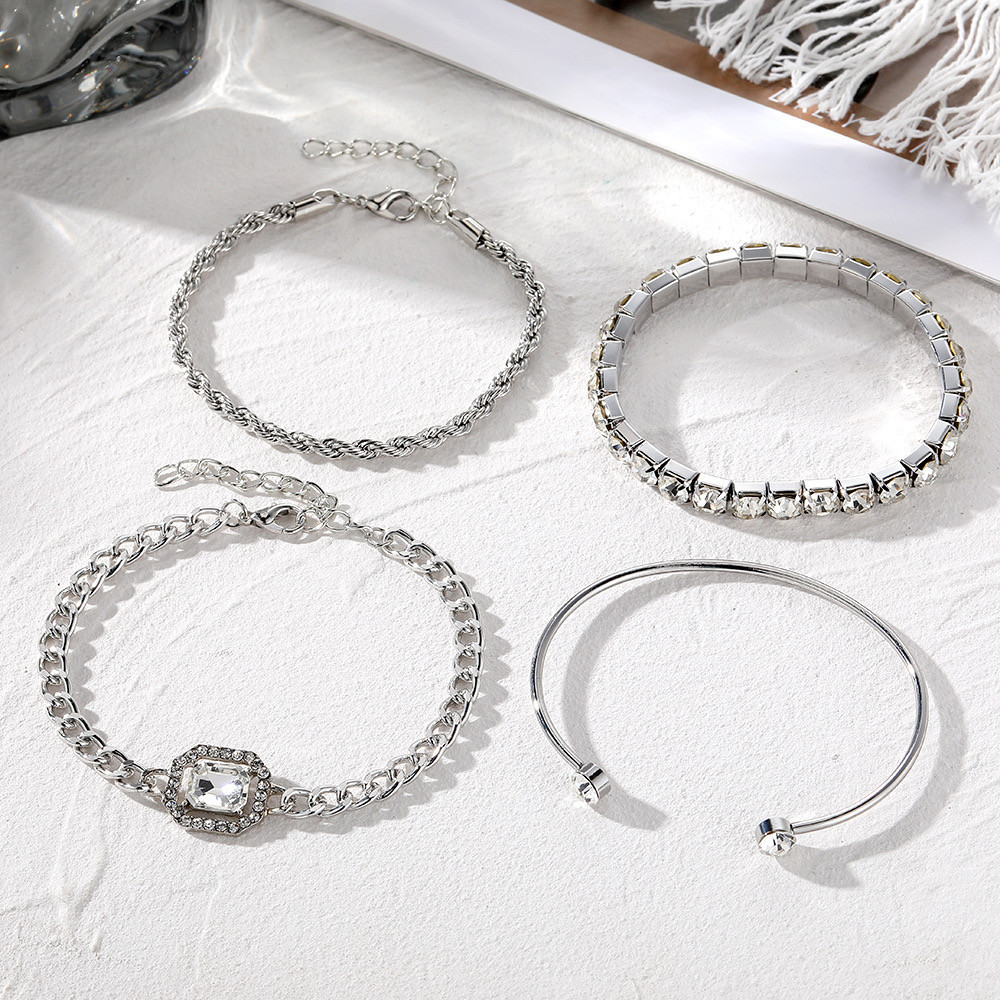 Detalhes do 4 Pçs Cheio De Diamante Abertura Prata Pulseira Feminina Strass Pulseira Luxo Vintage Jóias Femininas