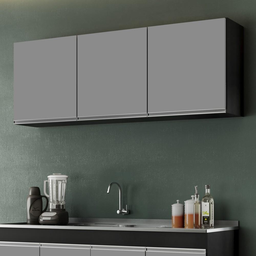 Armário Aéreo de Cozinha 150cm 3 Portas Argélia Preto/Cinza - Lumil Móveis - Home & Living