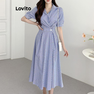 Lovito Vestido Elegante Plissado Com Botões Listrados Para Mulheres LNL39126 (Azul Preto)