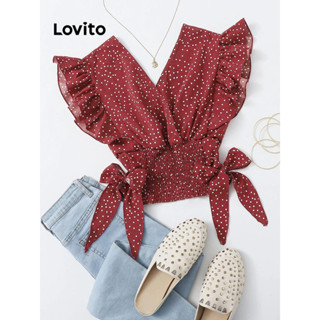 Lovito Blusa Elegante De Bolinhas Com Babados E Renda Para Mulheres LNL39152 (Branco/Vermelho/Preto)