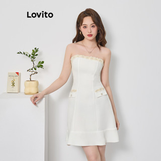 Lovito Elegante Vestido Feminino Liso de Jacquard com Pérolas e Bolso Falso L74ED173