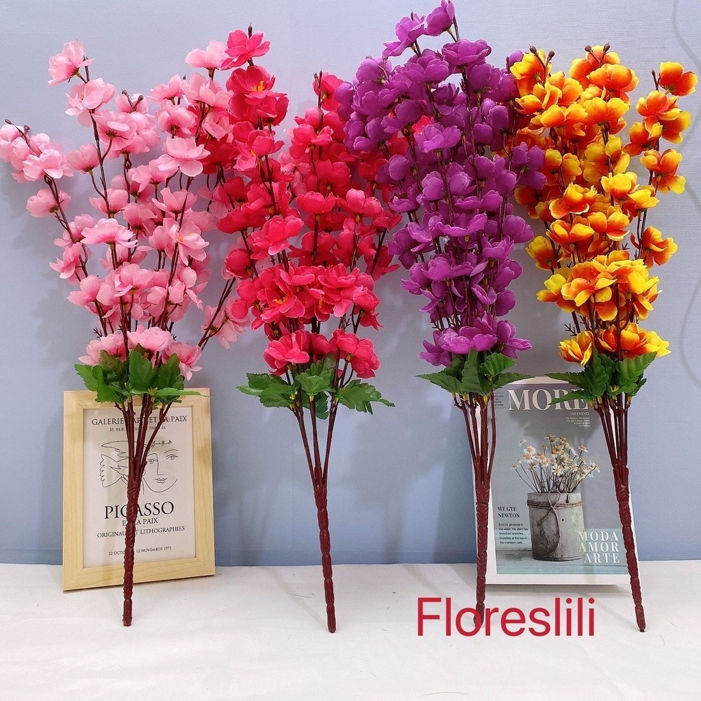 Buque de flor de pêssego falso com 7 ramos -1989 em Oferta na Shopee