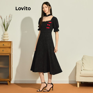 Lovito Casual Vestido Feminino Liso com Gola de Babados Manga Bufante e Tecido Texturizado L73AD061