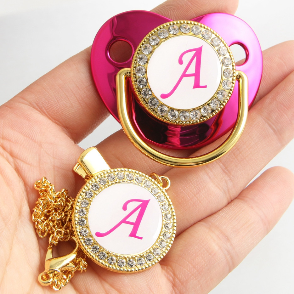 Rosa Vermelha 26 Letras Bling Baby Pacifier Com Clip De Corrente