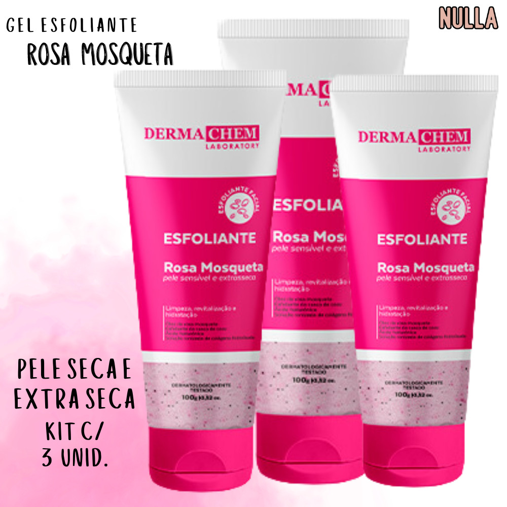 Kit c/ 3 unid Gel Esfoliante ROSA MOSQUETA para pele seca e extra seca Dermachem 100gr cada