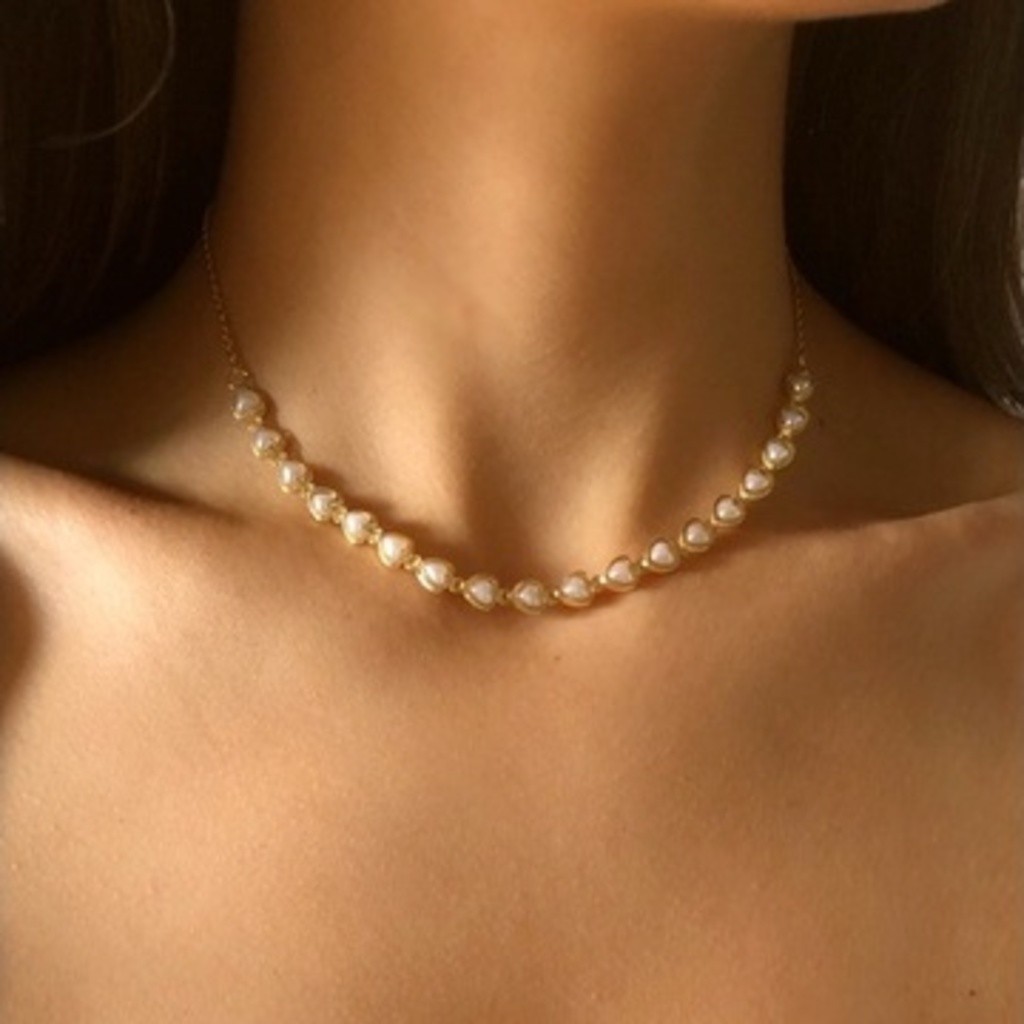 Colar de pérolas de coração delicado choker banhado a ouro 18K a prata 925