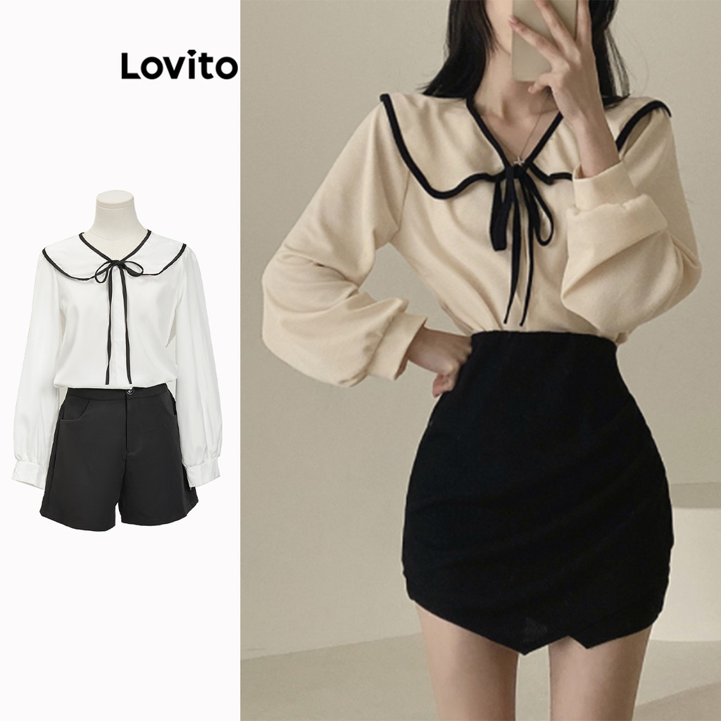 Lovito Casual Blusa Feminina Lisa Amarrada de Manga Bispo com Babados e Fita de Contraste LNE24175 (Multicolorido) - Women Clothes