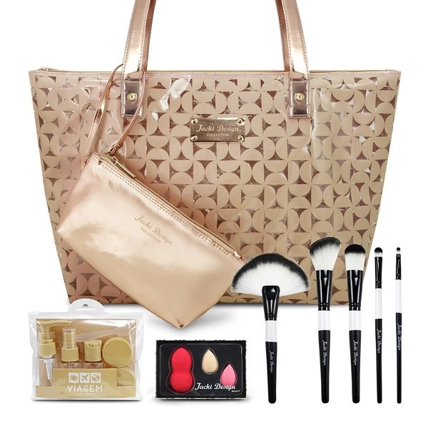 Kit Bolsa c/ Niqueleira, Frascos de Viagem 7pcs, Trio de Esponja, Pincéis Profissionais 5 pcs - Jacki Design - Women Bags