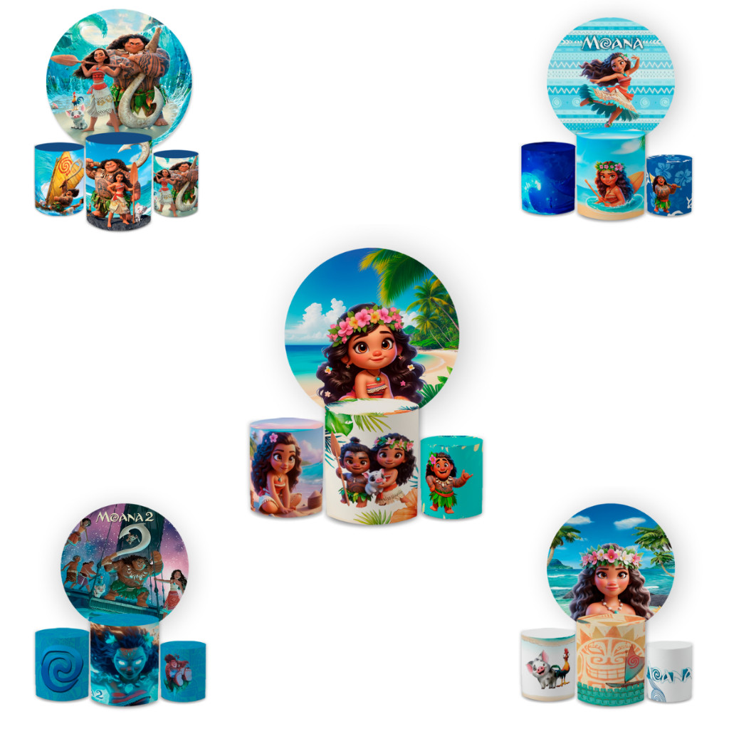 Capa Paineis de Festa Veste Fácil Redondo+ Cilindros Sublimados Malha New Tema Moana Baby Menina Decorativo