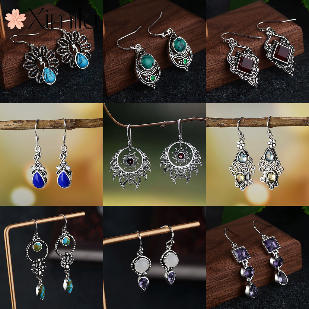 ⭐ Brincos originais Retro Série Thai Prata Brincos Femininos Turquesa incrustados Lápis Lazúli Jóias de Presente requintadas