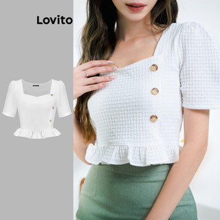Lovito Casual Blusa Feminina Lisa de Manga Bufante com Botão e Bainha de Babados L70AD007 (Branco)