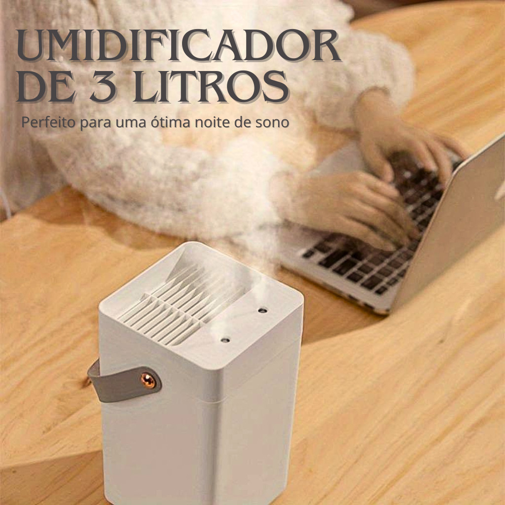 Umidificador de Ar 3L com Luz Noturna Silencioso Portátil e de Dupla Pulverização.