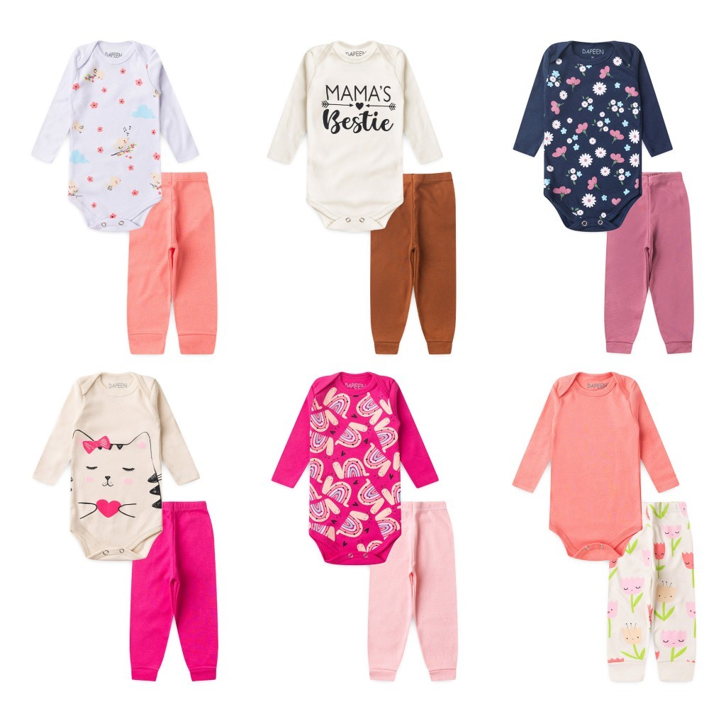 KIT 3 BODY MANGA LONGA SORTIDO MENINA 6 PEÇAS DE ROUPA PARA BEBE 3 BODYS 3 CALÇAS