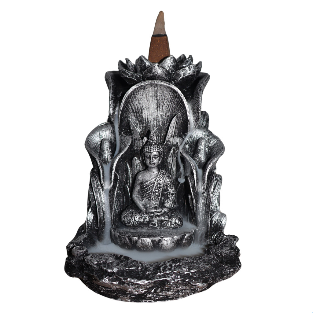 Imagem Porta Incenso Cascata e Vareta Buda Hindu na Flor de Lírio Backflow Aroaterapia