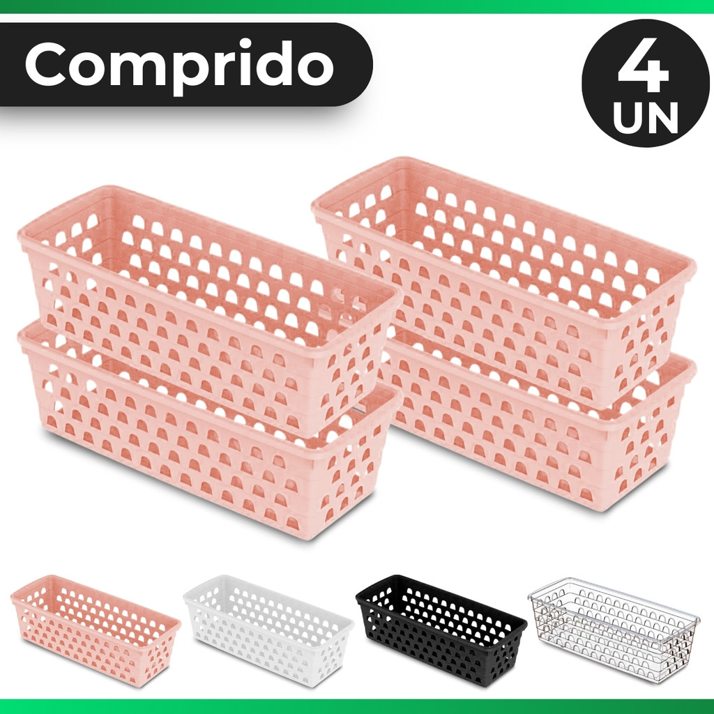 Kit com 4 Cesto Organizador Multiuso Comprido 28x11 Organizador de Geladeira Transparente