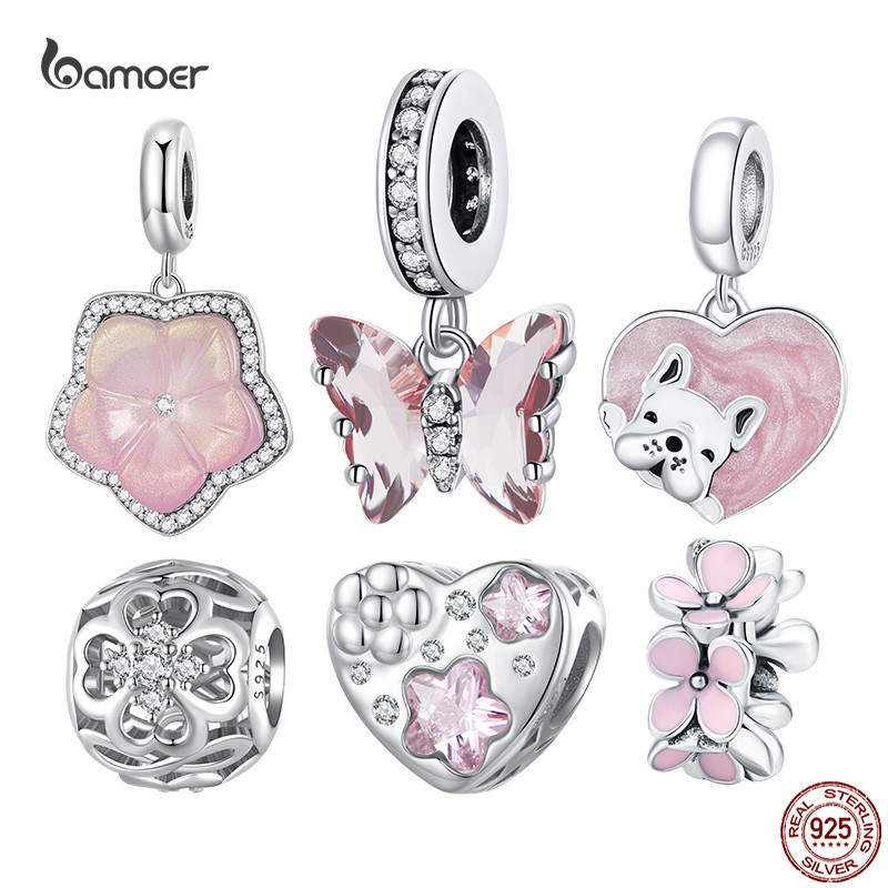 Bamoer 925 Sterling Silver Flower Encanta Coração De Flor De Cerejeira Contas De Animais De Estimação Para Mulheres Colar Pulseira De Bricolage Presente De Jóias