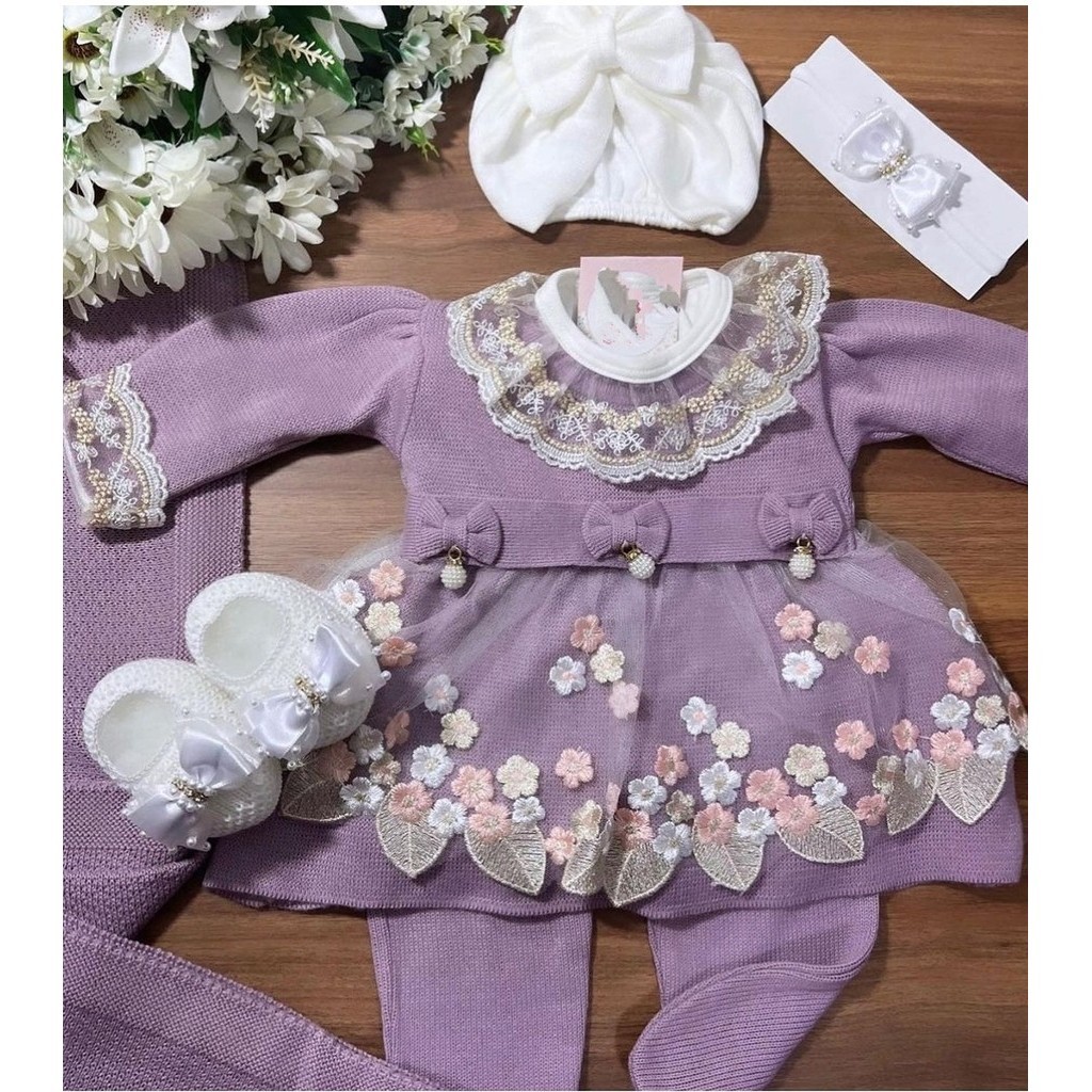 Saída maternidade vestido manta e calça em tricô