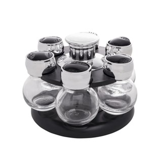 6 Porta Tempero com Base Wolff Poli Preta de Vidro 17cm