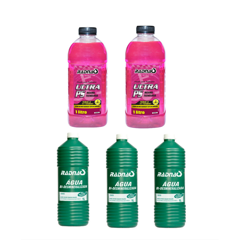 Kit Essencial Para o Seu Carro: 3 Águas Desmineralizadas RADNAQ + 2 Fluido Para Radiador Ultra Ps Rosa RADNAQ