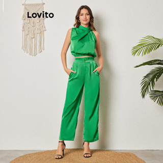 Lovito Elegante Conjunto Feminino Liso de Calça Plissada com Botão e Nó LBL08444