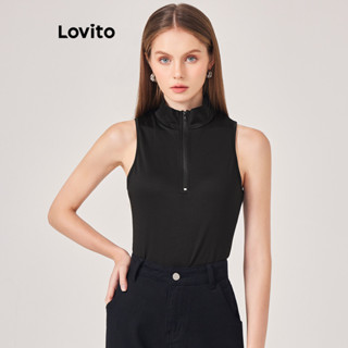 Lovito Casual Blusa Feminina Lisa com Zíper L71ED224 (Preto)