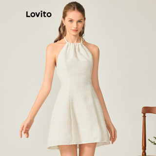 Lovito Casual Vestido Feminino Liso de Tweed Trançado L71ED231 (Branco/Rosa/Preto)