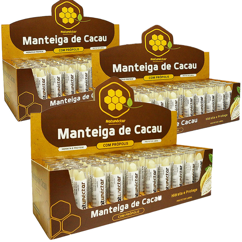Kit 3 Display Hidratante Protetor Labial Manteiga de Cacau Bastão Natunectar Total 150 Unidades top