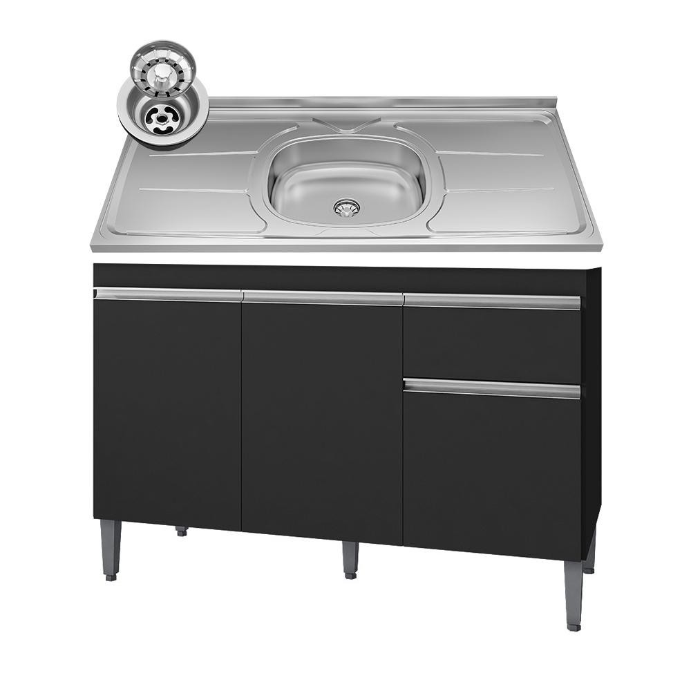 Balcão Gabinete Com Pia Inox 120cm 3 Portas e 1 Gaveta Tatiane Preto - AJL Móveis em Oferta na Shopee
