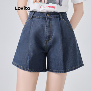 Lovito Casual Shorts Jeans Feminino Liso Plissado com Bolso L74ED008