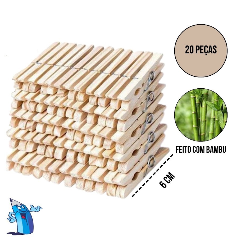 Pregador de Roupa Madeira Bambu com 36 peças 6cm