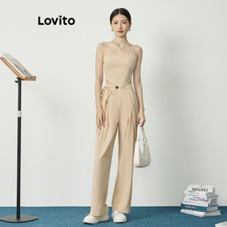 Lovito Conjunto Casual Liso De Renda Com Laço Nas Costas Calças Para Mulheres L77ED181
