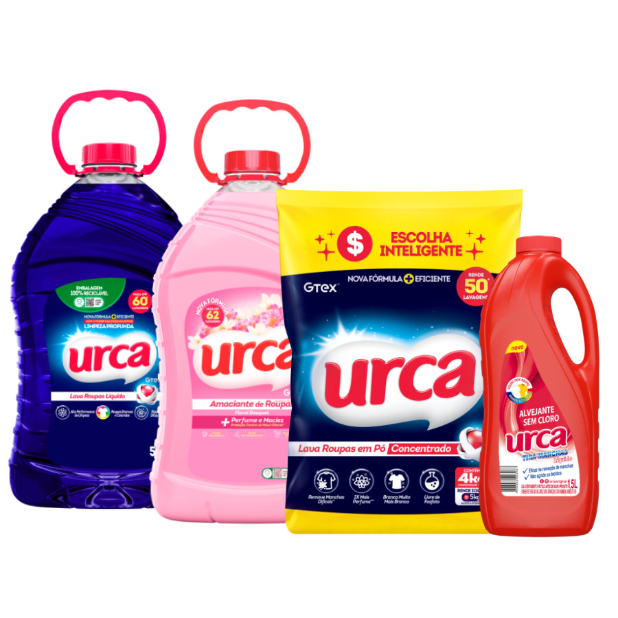 Lava Roupas Liquido Urca Azul 5L + Lava Roupas Pó Urca Concentrado Sache 4Kg + Tira Manchas Urca Maxx 1,5L + Amaciante Urca Floral Bouquet - 5L em Oferta na Shopee