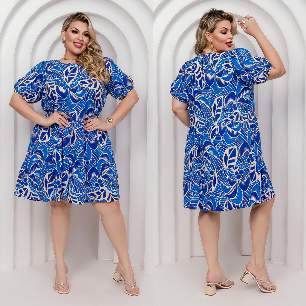 Vestido Feminino Plus Size Soltinho Mangas bufantes Saia Com Babados