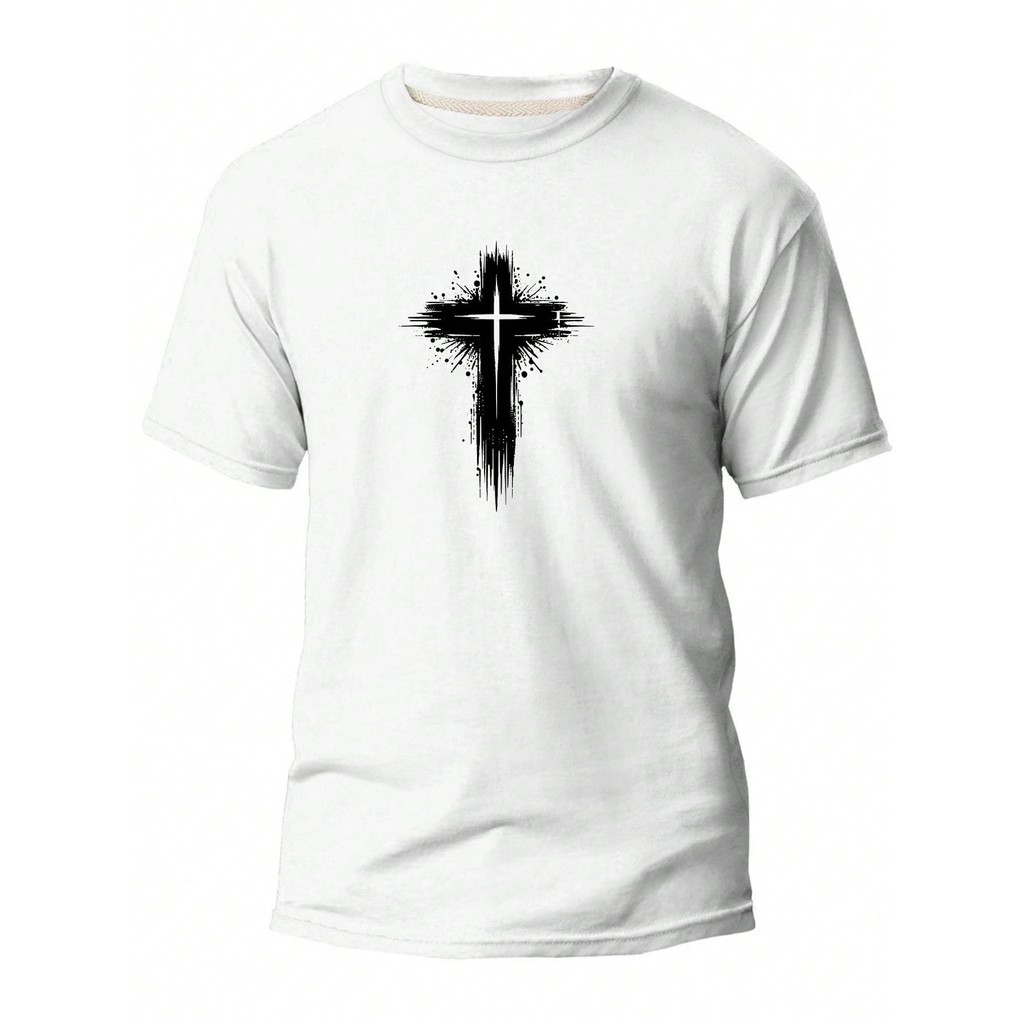 Camiseta Unissex de Manga Curta Cruz Peito Graphic, Confortável e Estilosa, Casual Moda Cristã 100% Algodão