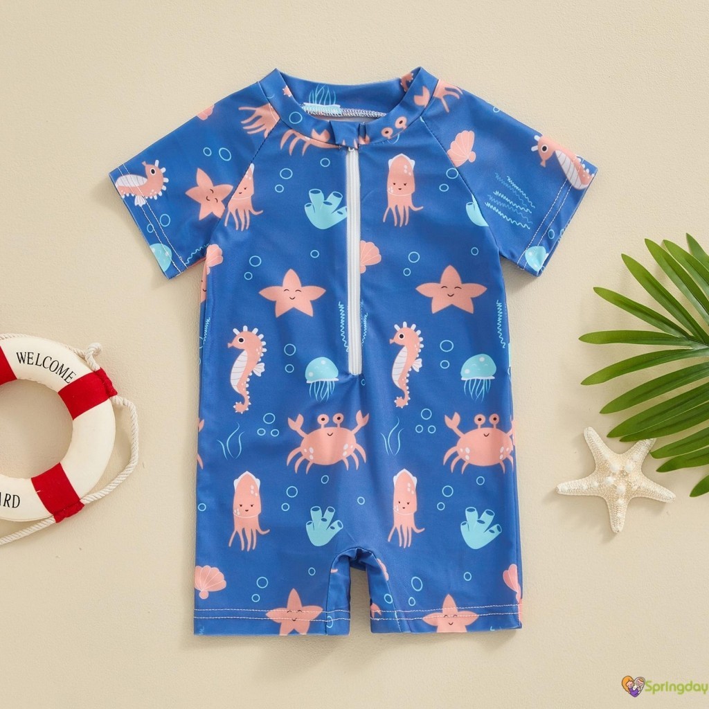 Infantil Bebê Meninos Roupa de Banho Desenho Animado Organismos Marinhos Imprimir Manga Curta Zíper Maiôs,0-3 Anos em Oferta na Shopee