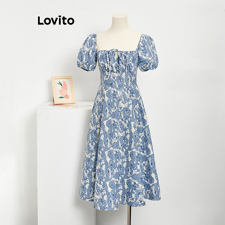 Lovito Vestido De Festa Ditsy Floral Plissado Com Renda E Manga Bufante Para Mulheres L77ED275