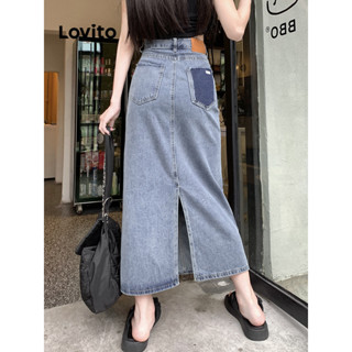 Lovito Casual Saia Jeans Feminina Lisa Colorblock com Fenda Traseira e Patch LNE29490 (Azul Claro)