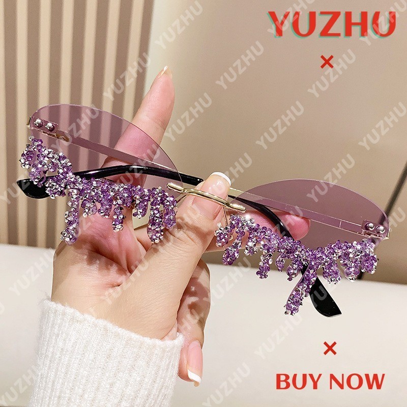 (YUZHU) Lágrimas De Anjo Óculos De Sol Diamante Feitos À Mão Candy Color Rimless Para Mulheres em Oferta na Shopee