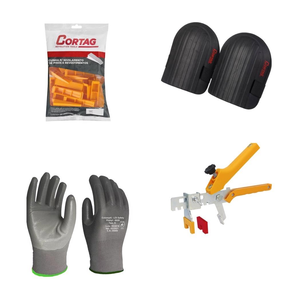 Kit Azulejista Luva Joelheira Alicate de Nivelamento + 50 Cunhas Cortag