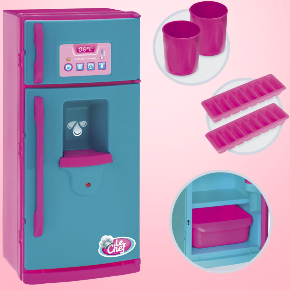 Geladeira Acessórios Luz e Som Sortida Brinquedo Infantil Menina Rosa Cozinha 33Cm Mini Copo Forma Duplex