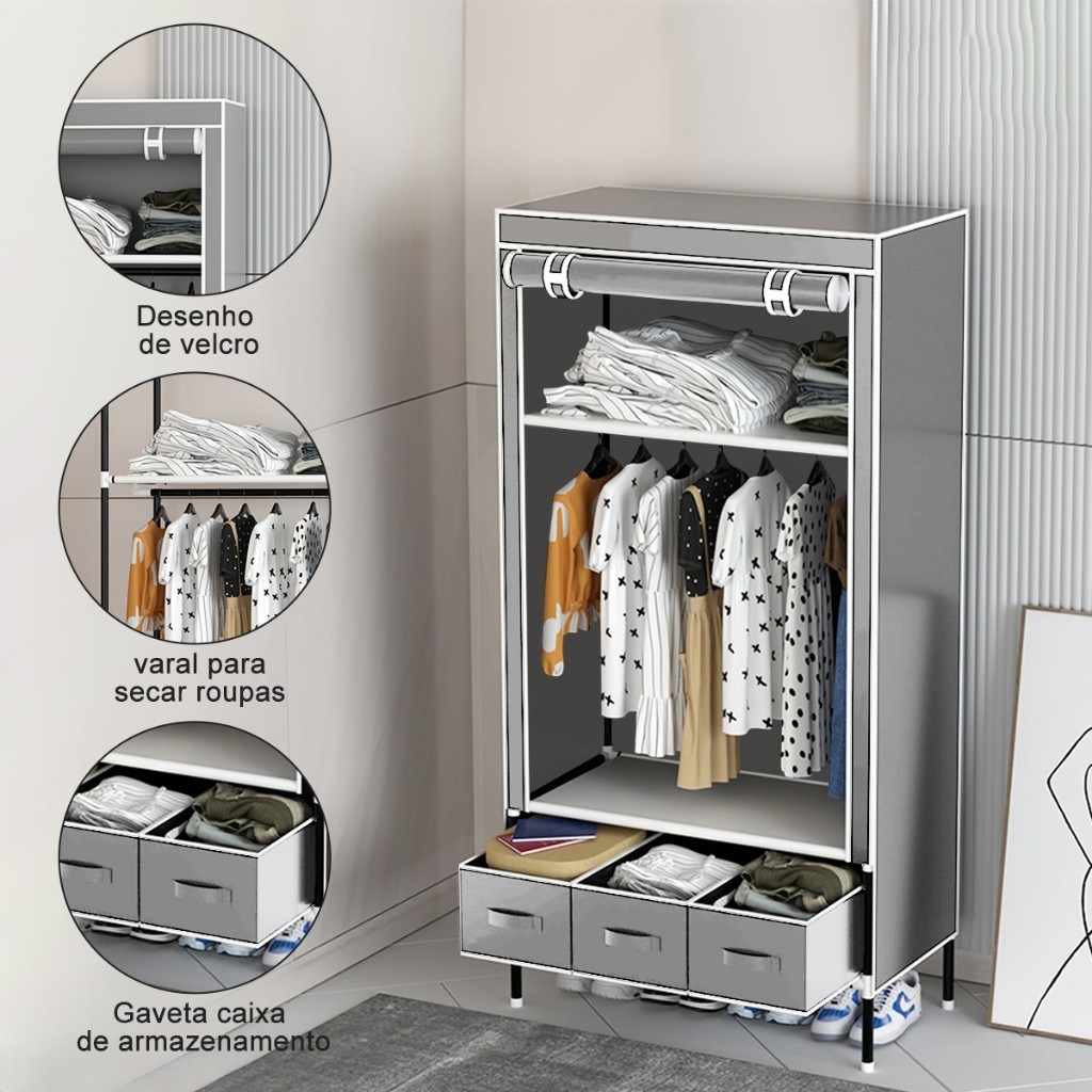 Guarda Roupa Dobrável  Para Organizar Roupa Armazenamento de Roupas Com 3 Gavetas Guarda Roupa Portatil Cor:Cinza