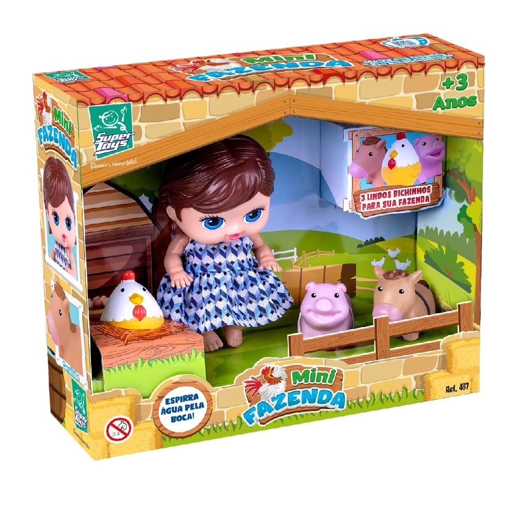 Boneca Mini Fazenda Com 3 Animais Que Jogam Agua Galinha, Porco e Cavalo