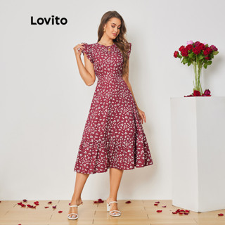 Lovito Elegante Vestido Feminino Floral com Bainha de Babados LBL08263