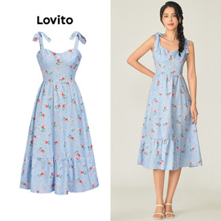 Lovito Casual Vestido Feminino Floral Alinhado com Babados L71ED159 (Azul Claro)
